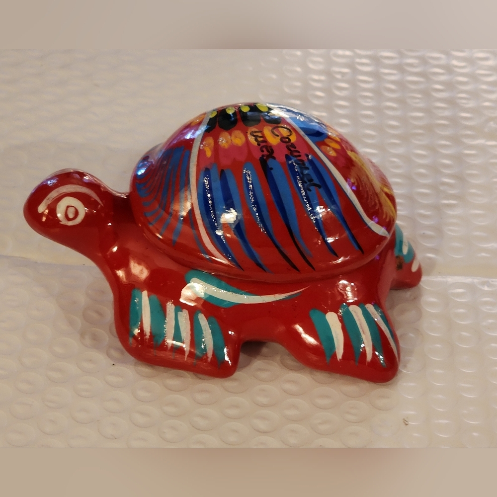 Colorful Clay Pottery Turtle Trinket Box, Handpainted, Cozumel, Mexico